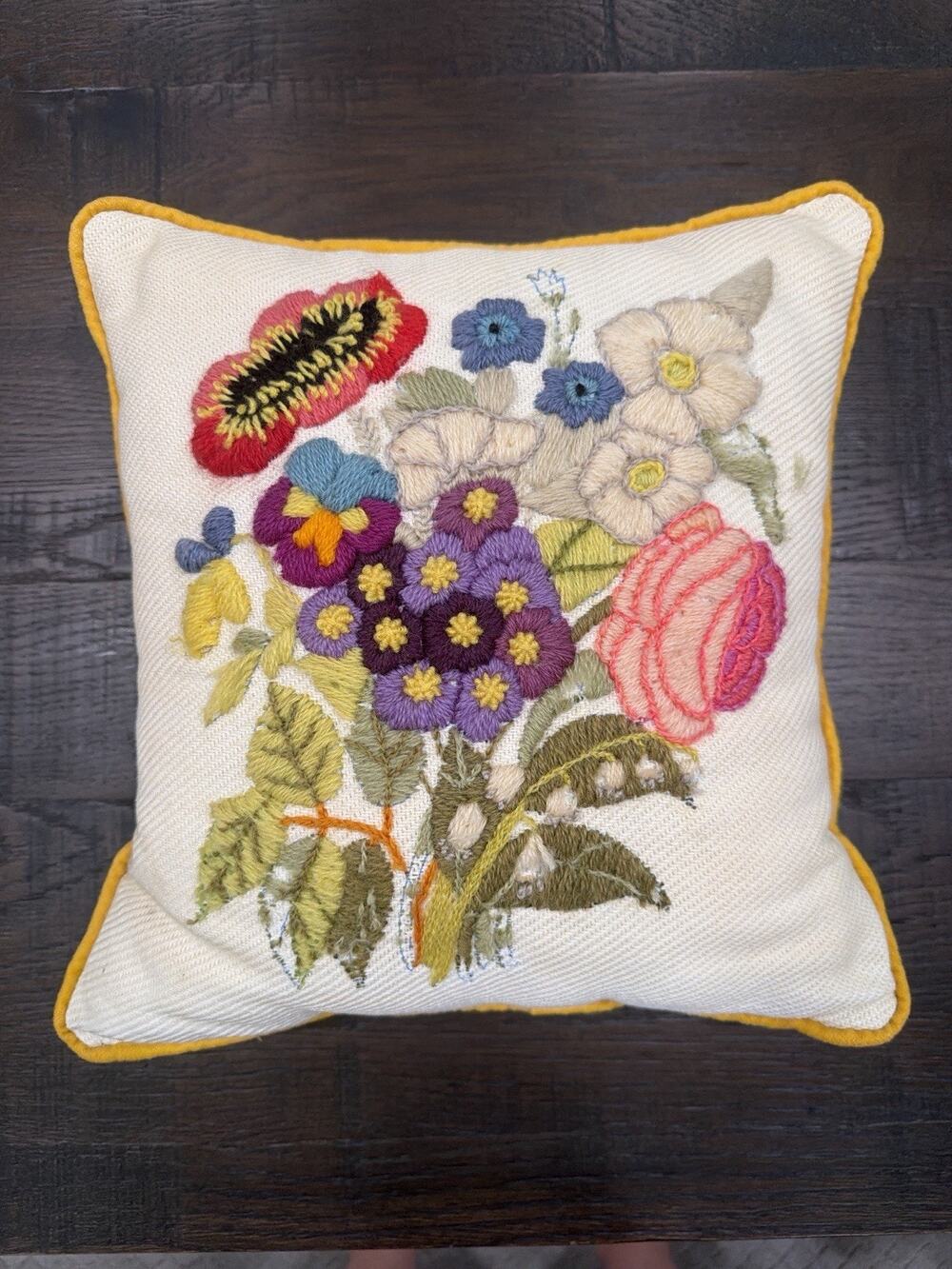 Vintage Hand Embroidered Needlepoint Floral Throw Pillow 13x13 Felt Back